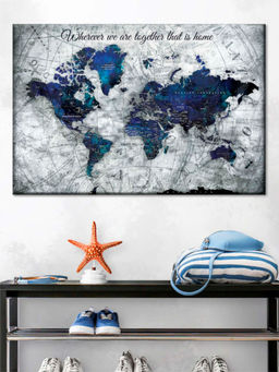 POSTERS AND TRUSS - Navy Blue Grey World Map Painting Wall Art