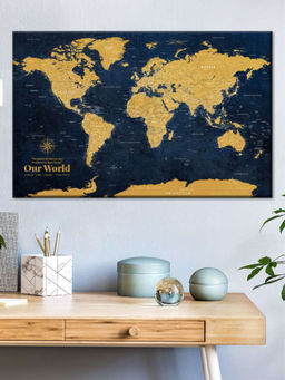 POSTERS AND TRUSS - Navy Blue Beige World Map Printed Wall Art