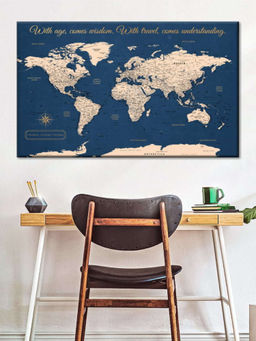 POSTERS AND TRUSS - Navy Blue Beige World Map Wall Art