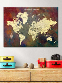 POSTERS AND TRUSS - Beige Maroon World Map Printed Framed Wall Art