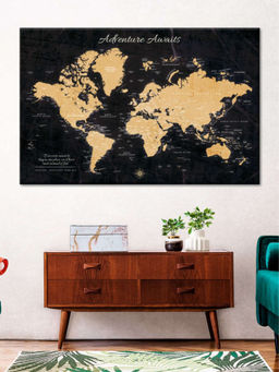 POSTERS AND TRUSS - Black Beige World Map Printed Wall Art