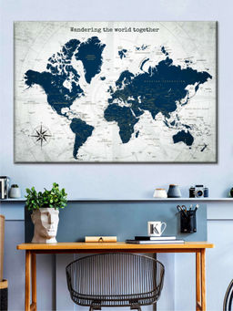 POSTERS AND TRUSS - Grey Blue World Map Printed Wall Art