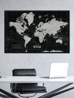 POSTERS AND TRUSS - Black White World Map Printed Framed Wall Art