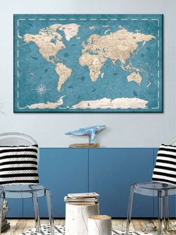 POSTERS AND TRUSS - Blue Beige World Map Printed Wall Art