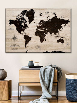 POSTERS AND TRUSS - Black Beige World Map Printed Framed Wall Art