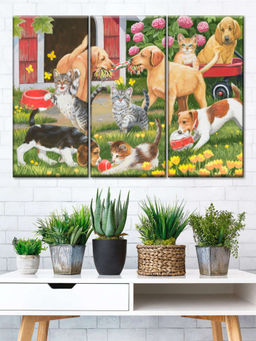 POSTERS AND TRUSS - Green Beige 3 Pieces Puppies Kittens Painting Wall Art