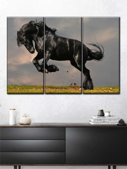 POSTERS AND TRUSS - Grey 3 Pieces Striking Friesian Stallion Painting Wall Art