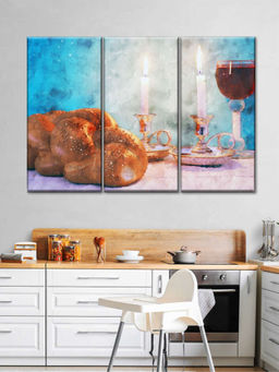 POSTERS AND TRUSS - Brown Blue 3 Pieces Challah and Wine Painting Wall Art