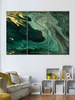 POSTERS AND TRUSS - Green Gold Toned 3 Pieces Abstract Painting Wall Art