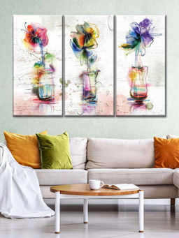 POSTERS AND TRUSS - Multi-Color 3 Pieces Rustic Colorful Flowers Painting Wall Art
