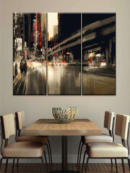 POSTERS AND TRUSS - Black Brown 3 Pieces City Abstract Painting Wall Art