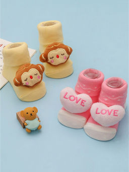 Yellow Bee - Monkey And Love Heart Rattle Socks For Girls (Set of 2)