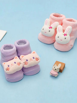 Yellow Bee - Kitty And Bunny Rattle Socks For Girls (Set of 2)