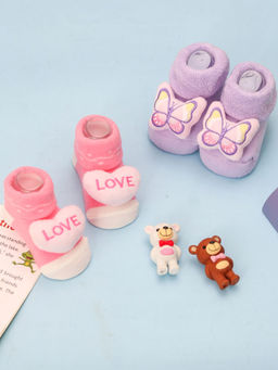 Yellow Bee - Sweet Butterfly And Love Rattle Socks For Girls (Set of 2)