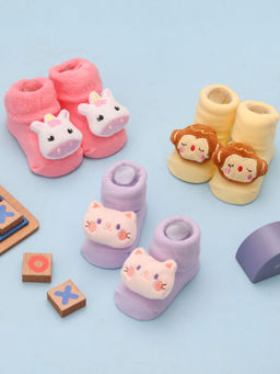 Yellow Bee - Playful Monkey, Kitty, And Unicorn Rattle Socks For Girls (Set of 3)