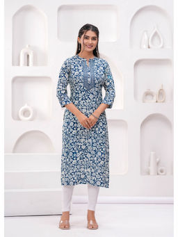 Kipek - Women's Navy Blue Self-Design Straight Kurta - Cotton Fabric, 3/4 sleeves,