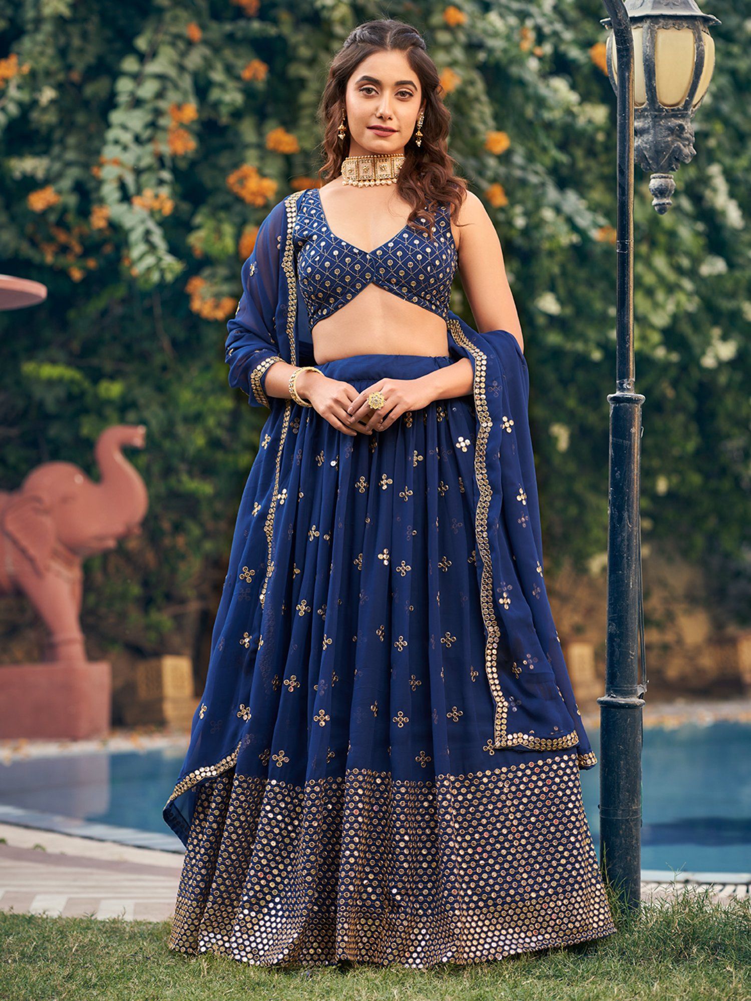 Navy Blue Georgette Semi-Stitched Lehenga and Unstitched Blouse with Dupatta (Set of 3)-image-1
