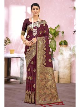 Sangam Prints - Purple Silk Woven Zari Work Traditional Tassel Saree with Unstitched Blouse