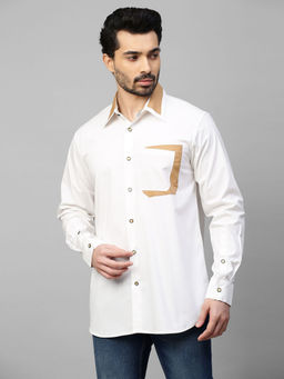 Echke - White Shirt with Khaki Patchwork on Collar and Pocket
