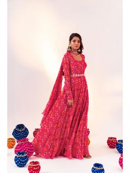 Silky Bindra - Printed Scoop Neck Anarkali with Dupatta and Detachable Belt (Set of 2)