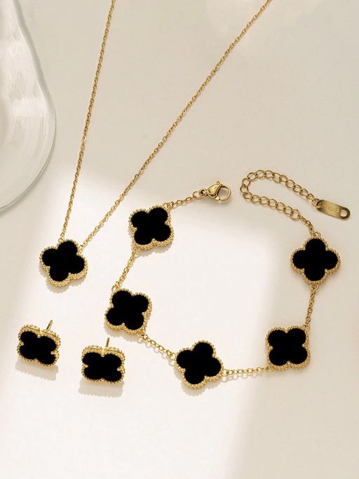 Jewels Galaxy Stainless Steel Gold Plated Black Anti Tarnish Clover Jewellery Set