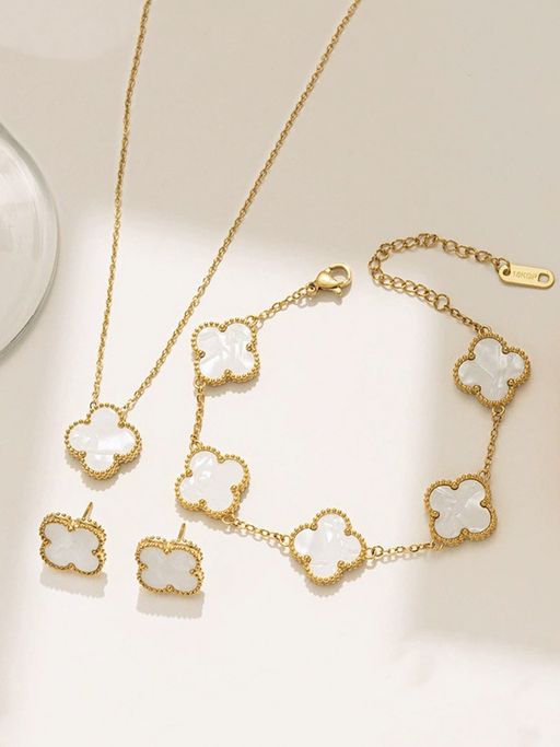 Jewels Galaxy Stainless Steel Gold Plated White Anti Tarnish Clover Jewellery Set