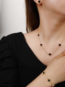 Jewels Galaxy - Stainless Steel Gold Plated Black Anti Tarnish Clover Jewellery Set