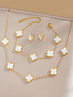 Jewels Galaxy - Stainless Steel Gold Plated White Anti Tarnish Clover Jewellery Set