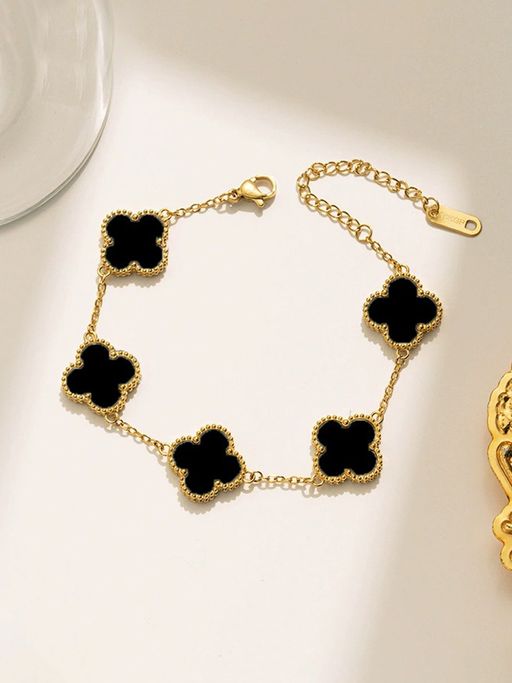 Jewels Galaxy Stainless Steel Gold Plated Black Anti Tarnish Clover Bracelet