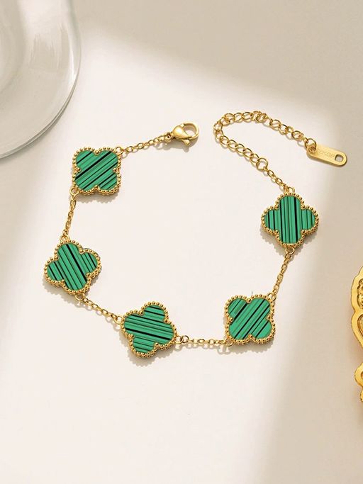 Jewels Galaxy Stainless Steel Gold Plated Green Anti Tarnish Clover Bracelet