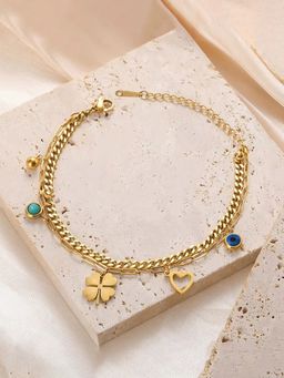 Jewels Galaxy - Gold Plated Stainless Steel Anti Tarnish Clover Themed Evil Eye Bracelet