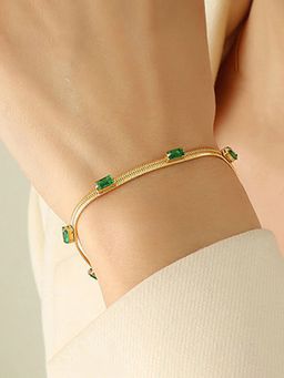 Jewels Galaxy - Gold Plated Stainless Steel Snake Chain Green Emerald Bracelet