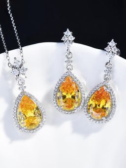 Jewels Galaxy - Drop Yellow Silver Plated Cubic Zirconia Studded Jewellery Set