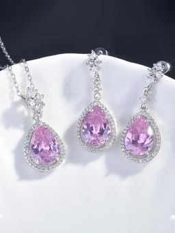 Jewels Galaxy - Drop Pink Silver Plated Cubic Zirconia Studded Jewellery Set