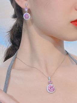 Jewels Galaxy - Round Pink Silver Plated Cubic Zirconia Studded Jewellery Set