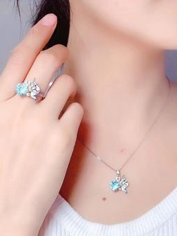 Jewels Galaxy - Blue Silver Plated Cubic Zirconia Studded Jewellery Set