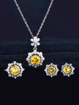 Jewels Galaxy - Floral Yellow Silver Plated Cubic Zirconia Studded Jewellery Set