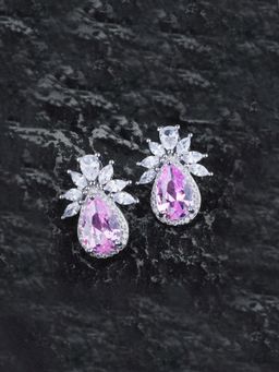 Jewels Galaxy - Womens Silver Plated Pink American Diamond Studded Teardrop Stud Earrings