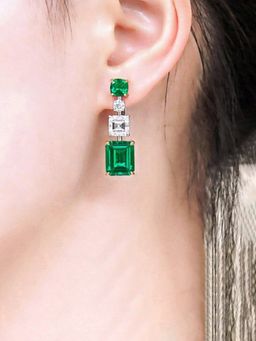Jewels Galaxy - Womens Silver Plated Green American Diamond Studded Square Shaped Teardrop Earrings
