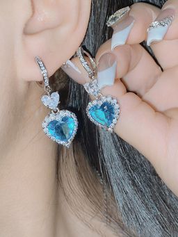 Jewels Galaxy - Womens Blue Silver Plated American Diamond Studded Heart Shaped Hoop Earrings