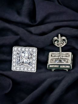 Jewels Galaxy - Silver Plated Cz Studded Anti Tarnish White Square Crushed Ice Cut Stud Earrings