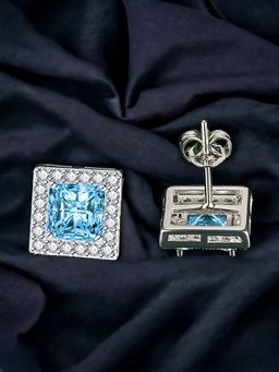 Jewels Galaxy - Silver Plated Cz Studded Anti Tarnish Blue Square Crushed Ice Cut Stud Earrings