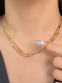 Jewels Galaxy - Gold Plated Stainless Steel Anti-Tarnish Geometric Dual Strand Necklace