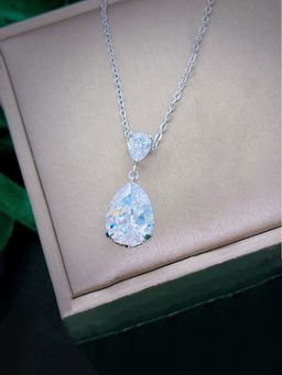 Jewels Galaxy - White Silver Plated Cubic Zirconia Studded Teardrop Shaped Necklace
