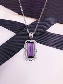 Jewels Galaxy - Purple Silver Plated Cubic Zirconia Studded Square Shaped Necklace