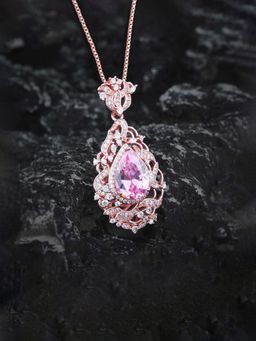 Jewels Galaxy - Pink Rose Gold Plated Cubic Zirconia Studded Teardrop Shaped Necklace