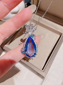 Jewels Galaxy - Blue Silver Plated Cubic Zirconia Studded Teardrop Shaped Necklace