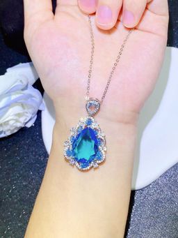 Jewels Galaxy - Blue Silver Plated Cubic Zirconia Studded Oval Shaped Necklace