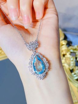 Jewels Galaxy - Blue Silver Plated Cubic Zirconia Studded Teardrop Shaped Necklace