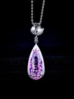 Jewels Galaxy - Pink Silver Plated American Diamond Studded Teardrop Shaped Necklace